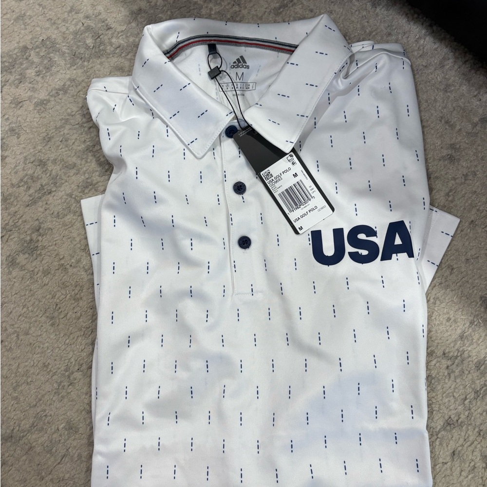 Adidas White Polo Shirt with Navy USA Print NWT Golf